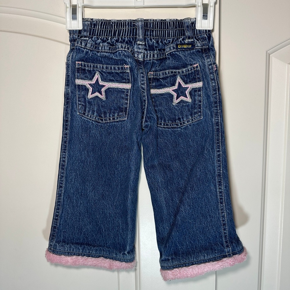 Vintage OshKosh B'gosh Toddler Girls Y2K Jeans 1T Pink Fuzzy Hem Star Denim